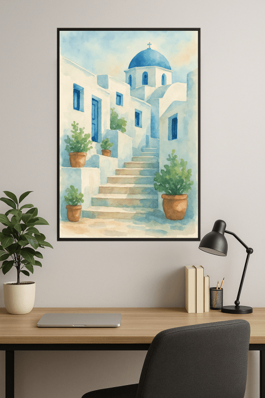 Akwarelowy plakat Mykonos – wydruk artystyczny - CasaNookDecor
