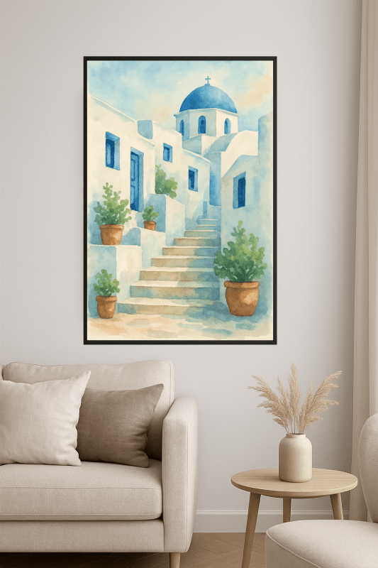 Akwarelowy plakat Mykonos – wydruk artystyczny - CasaNookDecor