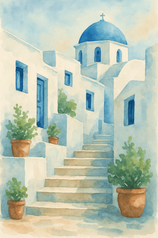 Akwarelowy plakat Mykonos – wydruk artystyczny - CasaNookDecor