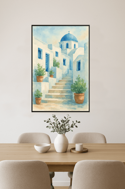 Akwarelowy plakat Mykonos – wydruk artystyczny - CasaNookDecor