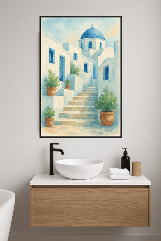 Akwarelowy plakat Mykonos – wydruk artystyczny - CasaNookDecor