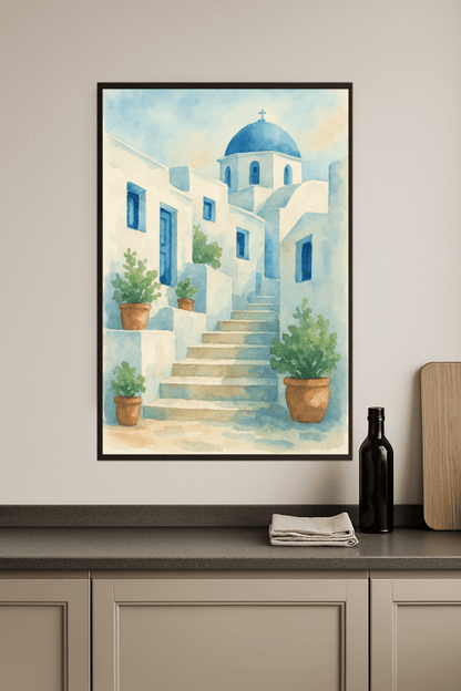 Akwarelowy plakat Mykonos – wydruk artystyczny - CasaNookDecor