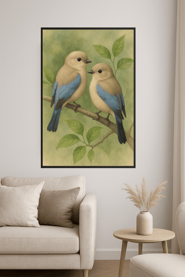 Beżowe i Niebieskie Ptaki Na Gałęzi - CasaNookDecor – plakat do druku