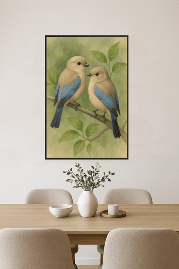 Beżowe i Niebieskie Ptaki Na Gałęzi - CasaNookDecor – plakat do druku