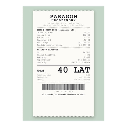 Plakat na 40 urodziny „Paragon urodzinowy”, przykładowy projekt