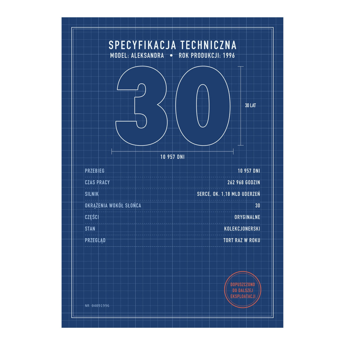 Plakat na 30 urodziny „Specyfikacja techniczna”, przykładowy projekt
