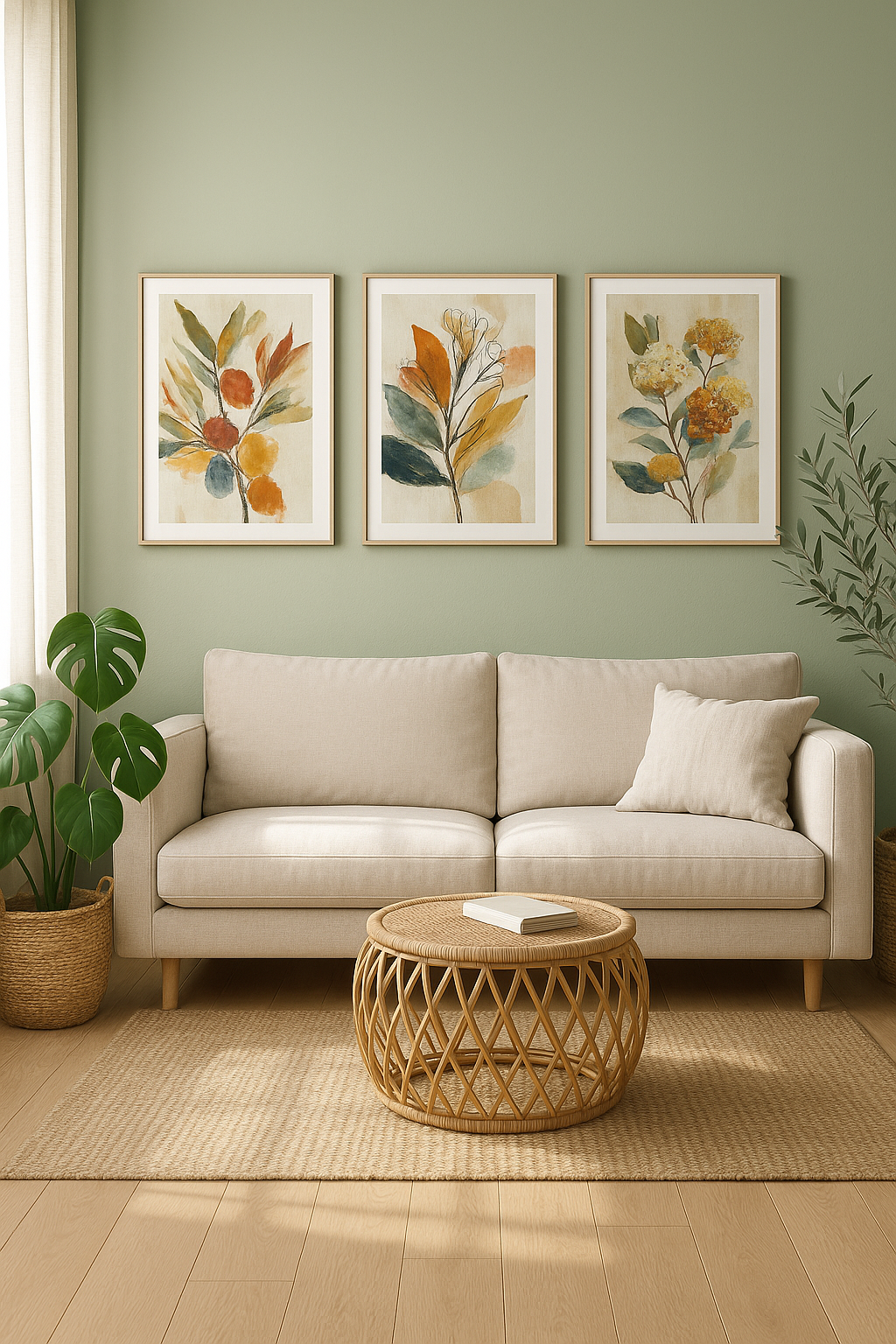 Calm Botanica gallery wall of 3 prints in a bright Scandinavian living room – plakat na ścianę