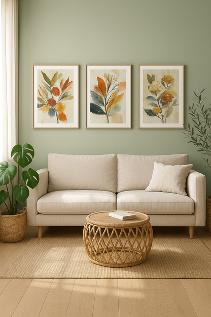 Calm Botanica gallery wall of 3 prints in a bright Scandinavian living room
