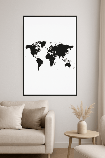 Plakat z czarno-białą mapą swiata do wydruku