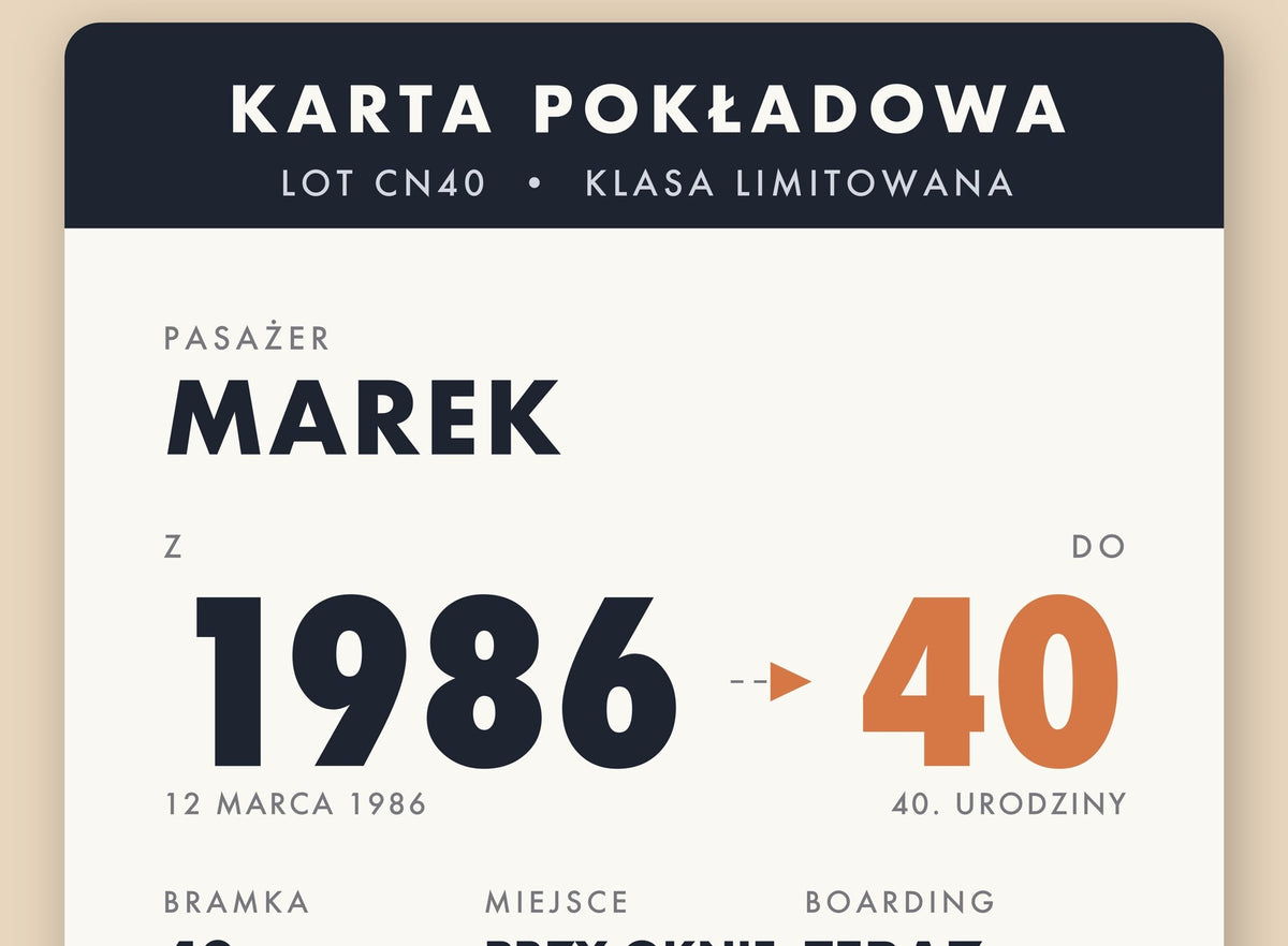 Plakat na 40 urodziny „Karta pokładowa”, zbliżenie wydruku – plakat na ścianę