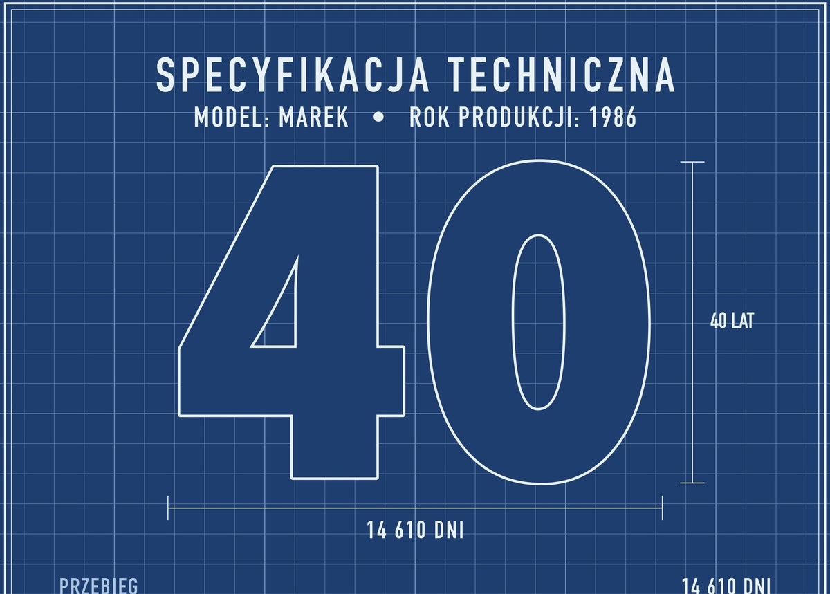 Plakat na 40 urodziny „Specyfikacja techniczna”, zbliżenie wydruku