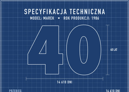 Plakat na 40 urodziny „Specyfikacja techniczna”, zbliżenie wydruku