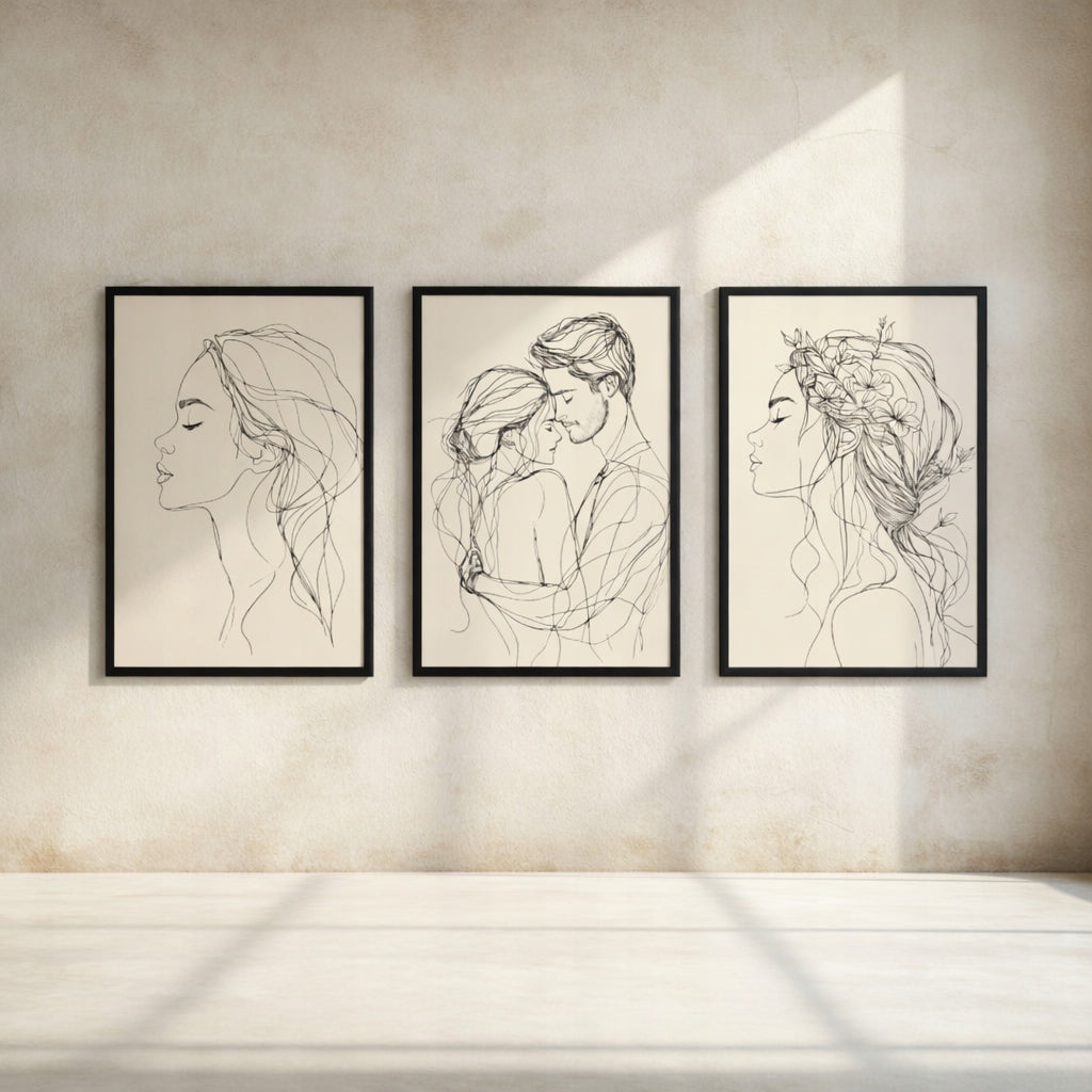 Line Art Kobieta Czarno Białe — Zestaw 3 Plakaty