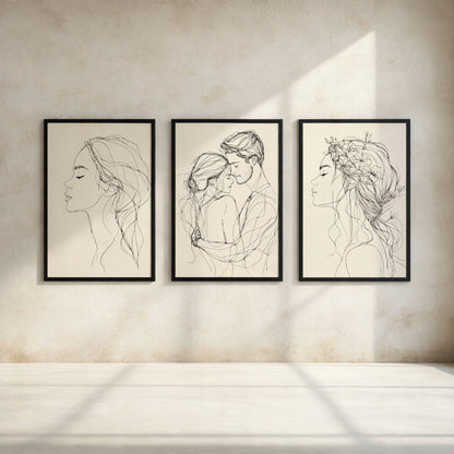 Line Art Kobieta Czarno Białe — Zestaw 3 Plakaty