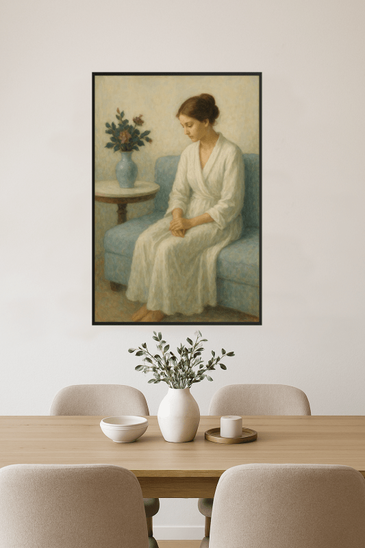 Elegancka Kobieta Na Niebieskiej Kanapie - CasaNookDecor