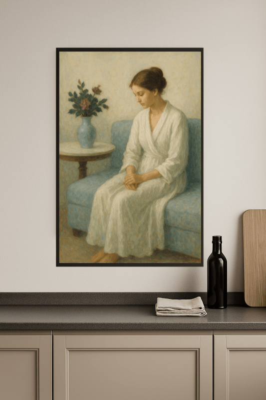 Elegancka Kobieta Na Niebieskiej Kanapie - CasaNookDecor