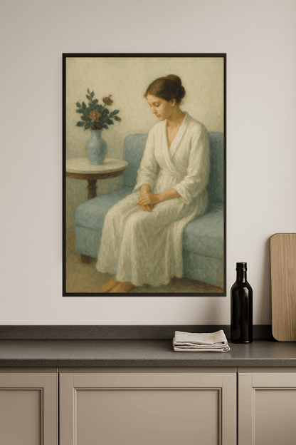 Elegancka Kobieta Na Niebieskiej Kanapie - CasaNookDecor