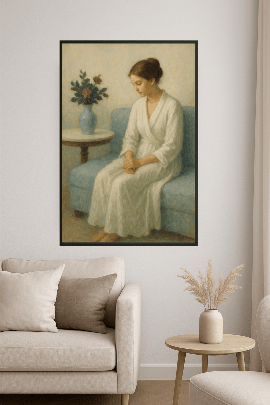 Elegancka Kobieta Na Niebieskiej Kanapie - CasaNookDecor