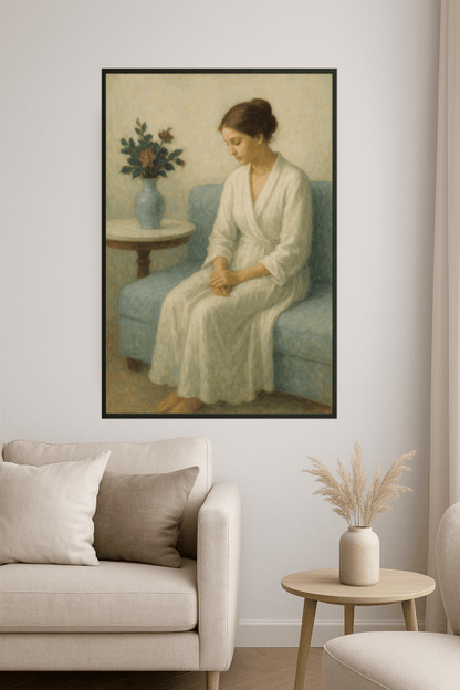 Elegancka Kobieta Na Niebieskiej Kanapie - CasaNookDecor
