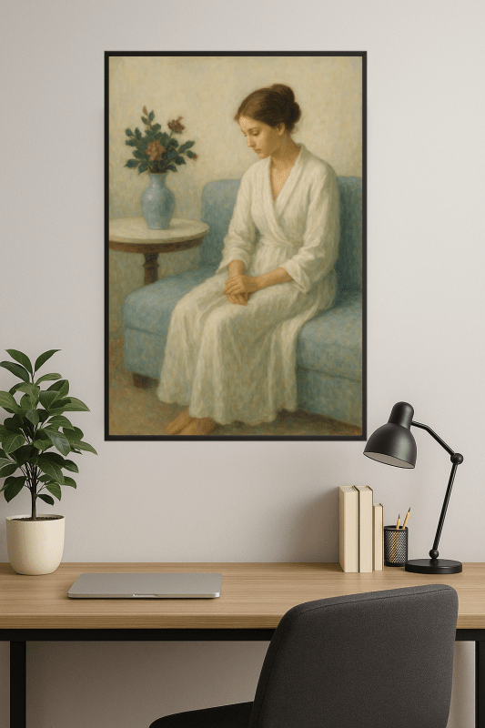 Elegancka Kobieta Na Niebieskiej Kanapie - CasaNookDecor