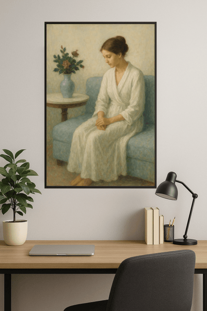 Elegancka Kobieta Na Niebieskiej Kanapie - CasaNookDecor