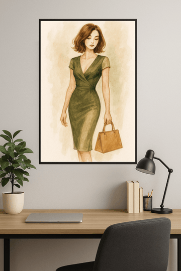 Elegancka Sukienka w Zielonym Oliwkowym Kolorze - CasaNookDecor – plakat do druku