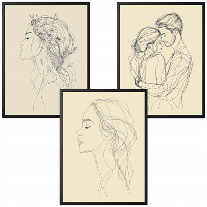 Line Art Kobieta Czarno Białe — Zestaw 3 Plakaty