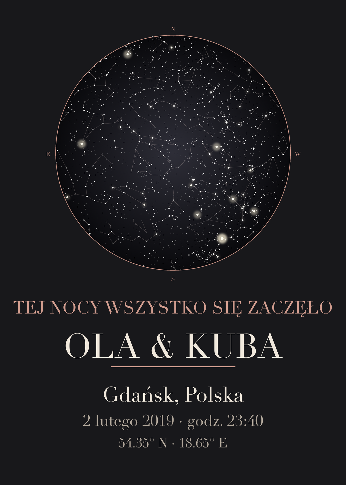 Mapa Nieba dla niej i dla niego, plakat z układem gwiazd, imieniem, miejscem i datą (kolorystyka: czerń z różowym złotem)