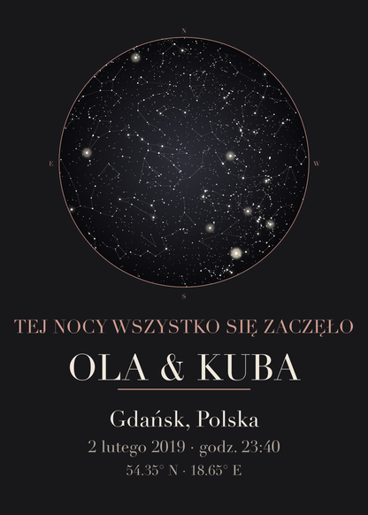 Mapa Nieba dla niej i dla niego, plakat z układem gwiazd, imieniem, miejscem i datą (kolorystyka: czerń z różowym złotem)