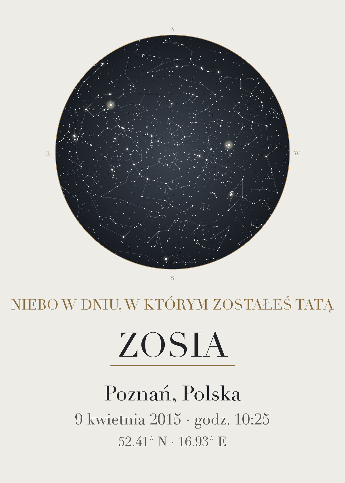 Mapa Nieba dla taty, plakat z układem gwiazd, imieniem, miejscem i datą (kolorystyka: grafit z mosiądzem)