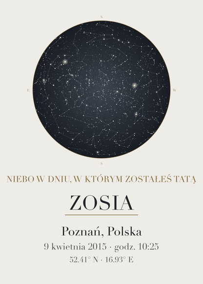 Mapa Nieba dla taty, plakat z układem gwiazd, imieniem, miejscem i datą (kolorystyka: grafit z mosiądzem)