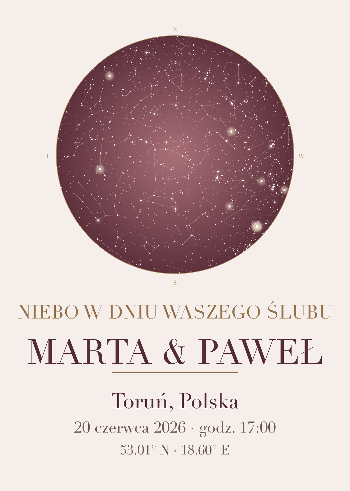 Mapa Nieba na prezent ślubny, plakat z układem gwiazd, imieniem, miejscem i datą (kolorystyka: pudrowy róż ze złotem) – plakat na ścianę
