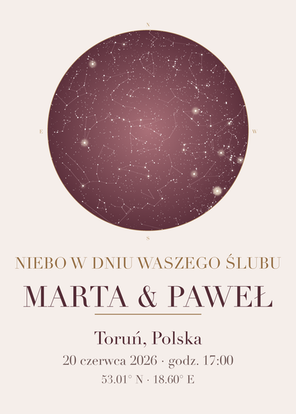 Mapa Nieba na prezent ślubny, plakat z układem gwiazd, imieniem, miejscem i datą (kolorystyka: pudrowy róż ze złotem)
