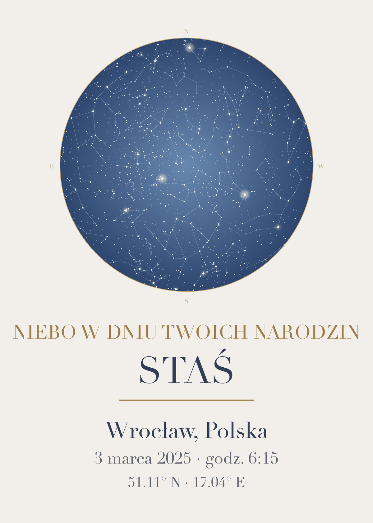 Mapa Nieba do pokoju dziecka, plakat z układem gwiazd, imieniem, miejscem i datą (kolorystyka: pudrowy błękit)