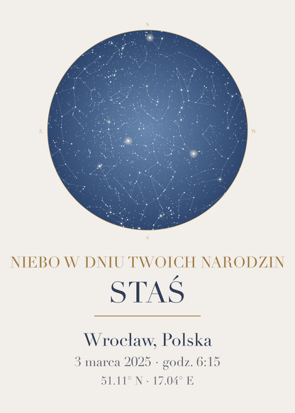 Mapa Nieba do pokoju dziecka, plakat z układem gwiazd, imieniem, miejscem i datą (kolorystyka: pudrowy błękit)