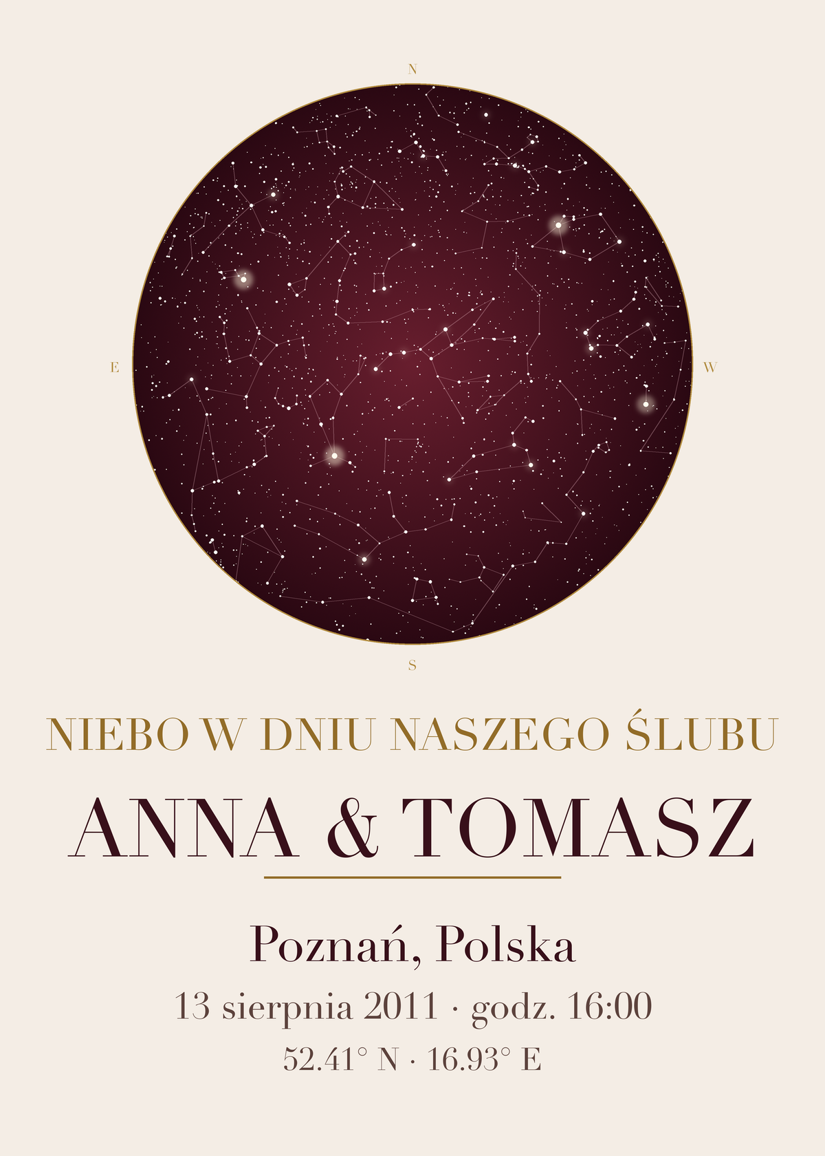 Mapa Nieba na rocznicę ślubu, plakat z układem gwiazd, imieniem, miejscem i datą (kolorystyka: bordo ze złotem) – plakat na ścianę
