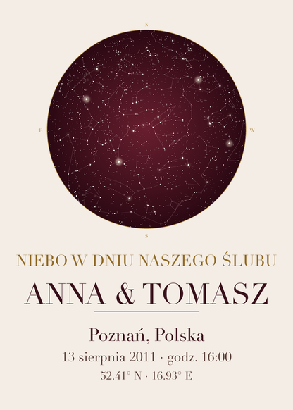 Mapa Nieba na rocznicę ślubu, plakat z układem gwiazd, imieniem, miejscem i datą (kolorystyka: bordo ze złotem)