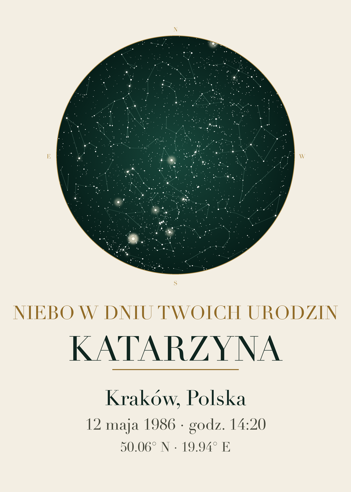 Mapa Nieba na urodziny, plakat z układem gwiazd, imieniem, miejscem i datą (kolorystyka: szmaragdowa zieleń ze złotem)
