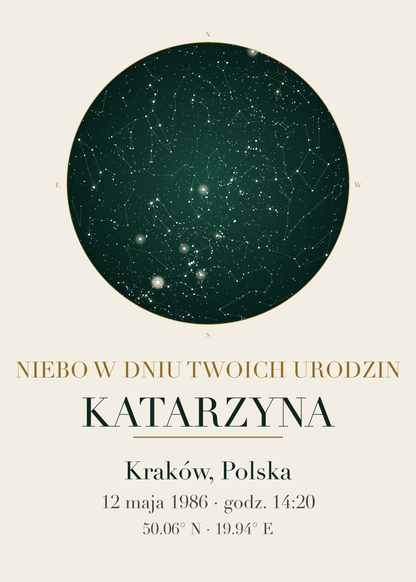 Mapa Nieba na urodziny, plakat z układem gwiazd, imieniem, miejscem i datą (kolorystyka: szmaragdowa zieleń ze złotem)