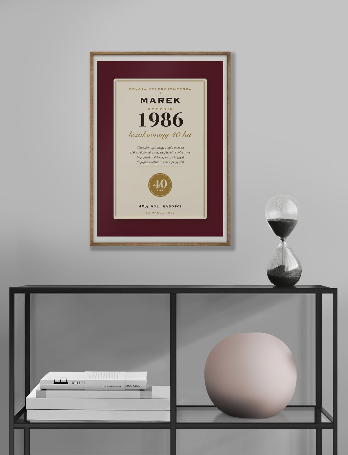 Plakat na 40 urodziny „Etykieta rocznika”, plakat w ramie we wnętrzu (rama poglądowa)