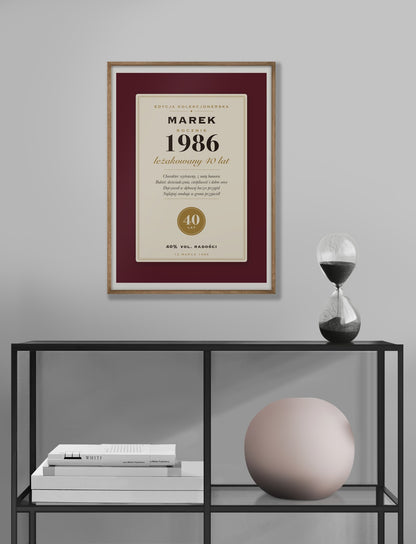 Plakat na 40 urodziny „Etykieta rocznika”, plakat w ramie we wnętrzu (rama poglądowa)