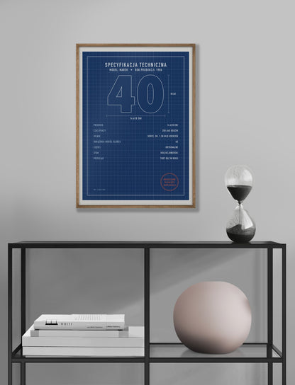 Plakat na 40 urodziny „Specyfikacja techniczna”, plakat w ramie we wnętrzu (rama poglądowa)