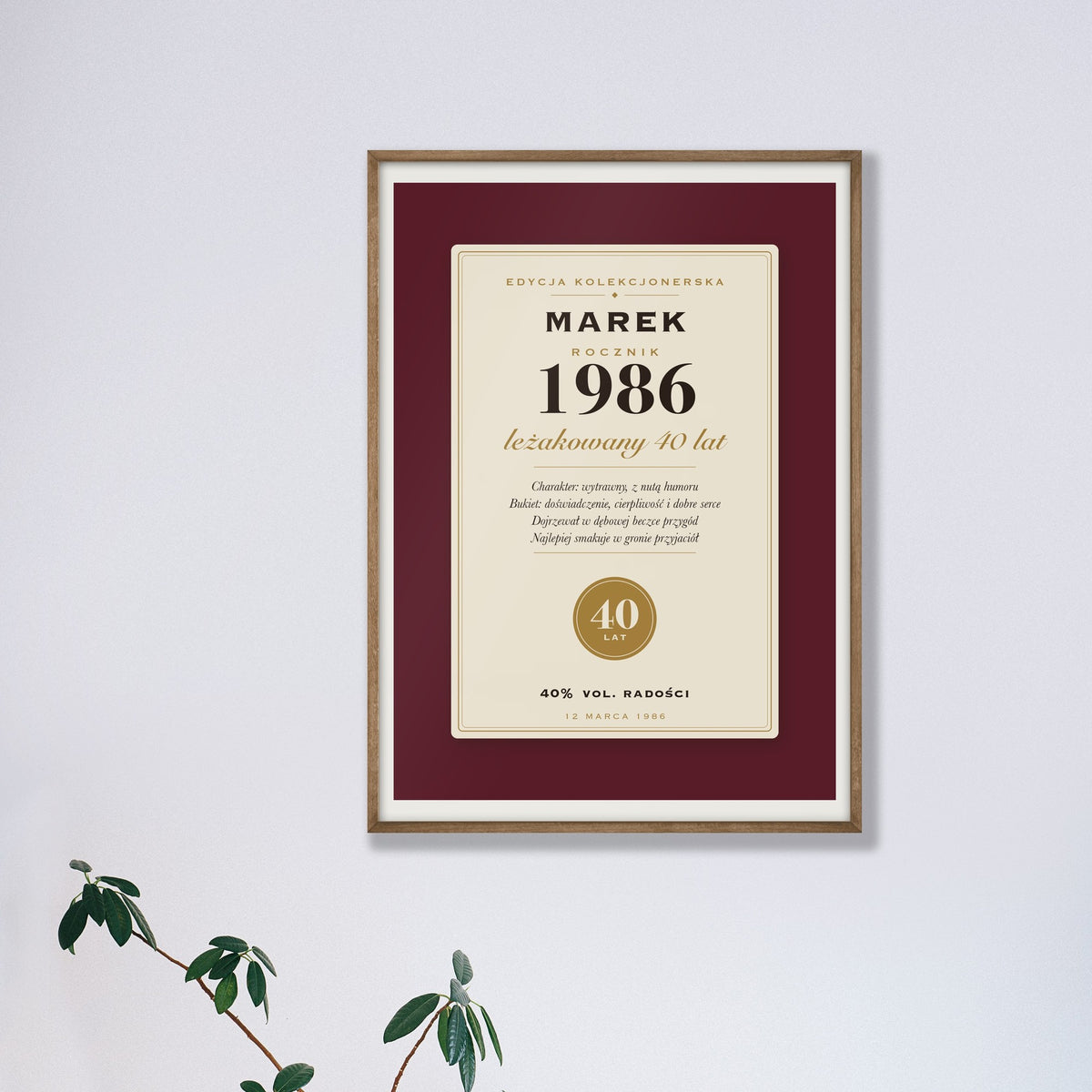 Plakat na 40 urodziny „Etykieta rocznika”, zbliżenie plakatu w ramie (rama poglądowa) – plakat na ścianę