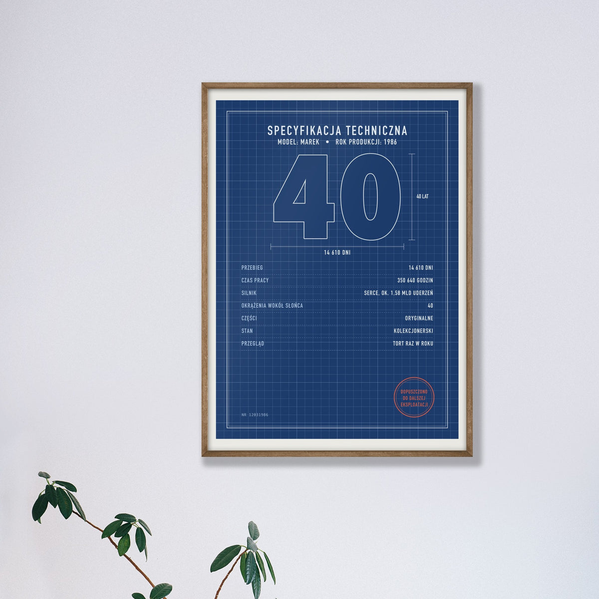 Plakat na 40 urodziny „Specyfikacja techniczna”, zbliżenie plakatu w ramie (rama poglądowa)