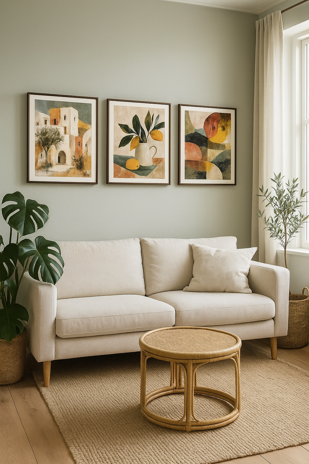 Mediterranean gallery wall of 3 prints in a bright Scandinavian living room – plakat na ścianę