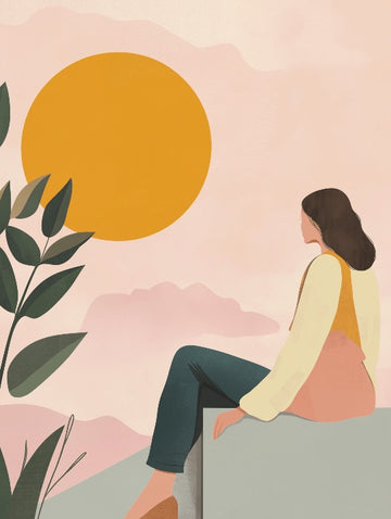 Minimalistyczna ilustracja kobiety siedzącej na murku, patrzącej na zachodzące słońce na tle różowego nieba z liśćmi roślin w stylu boho.