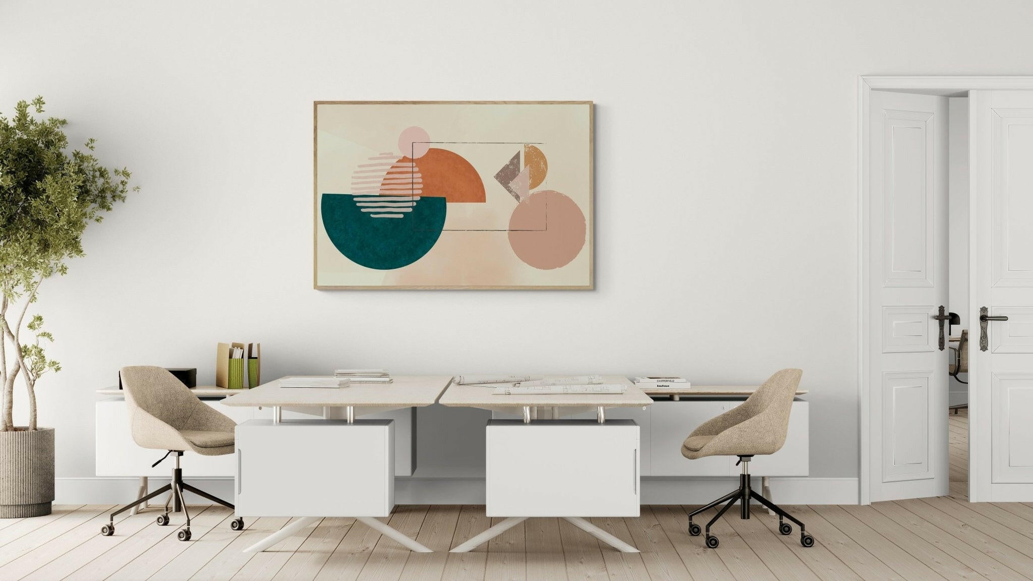 Nowoczesny salon z oprawioną sztuką na ścianie – plakaty CasaNookDecor