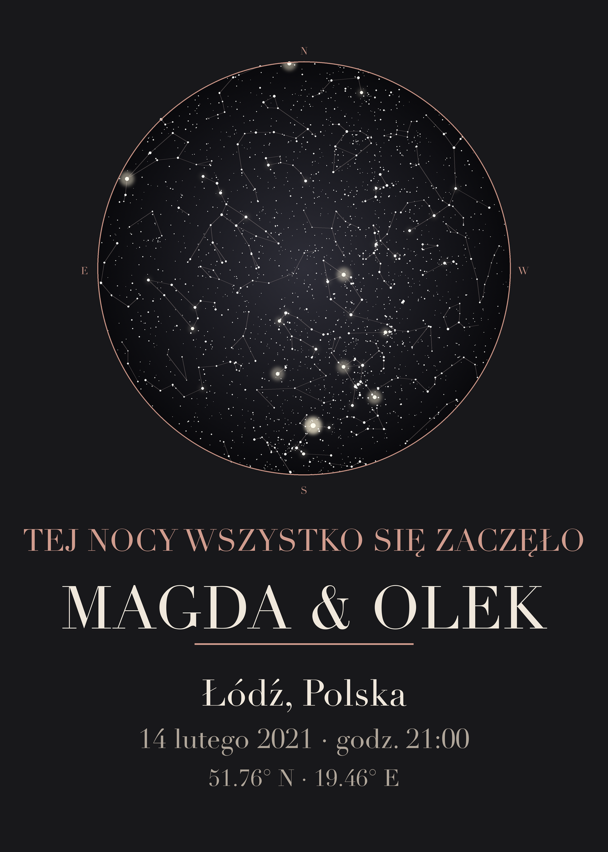Mapa Nieba dla niej i dla niego, przykład personalizacji z innymi imionami i datą