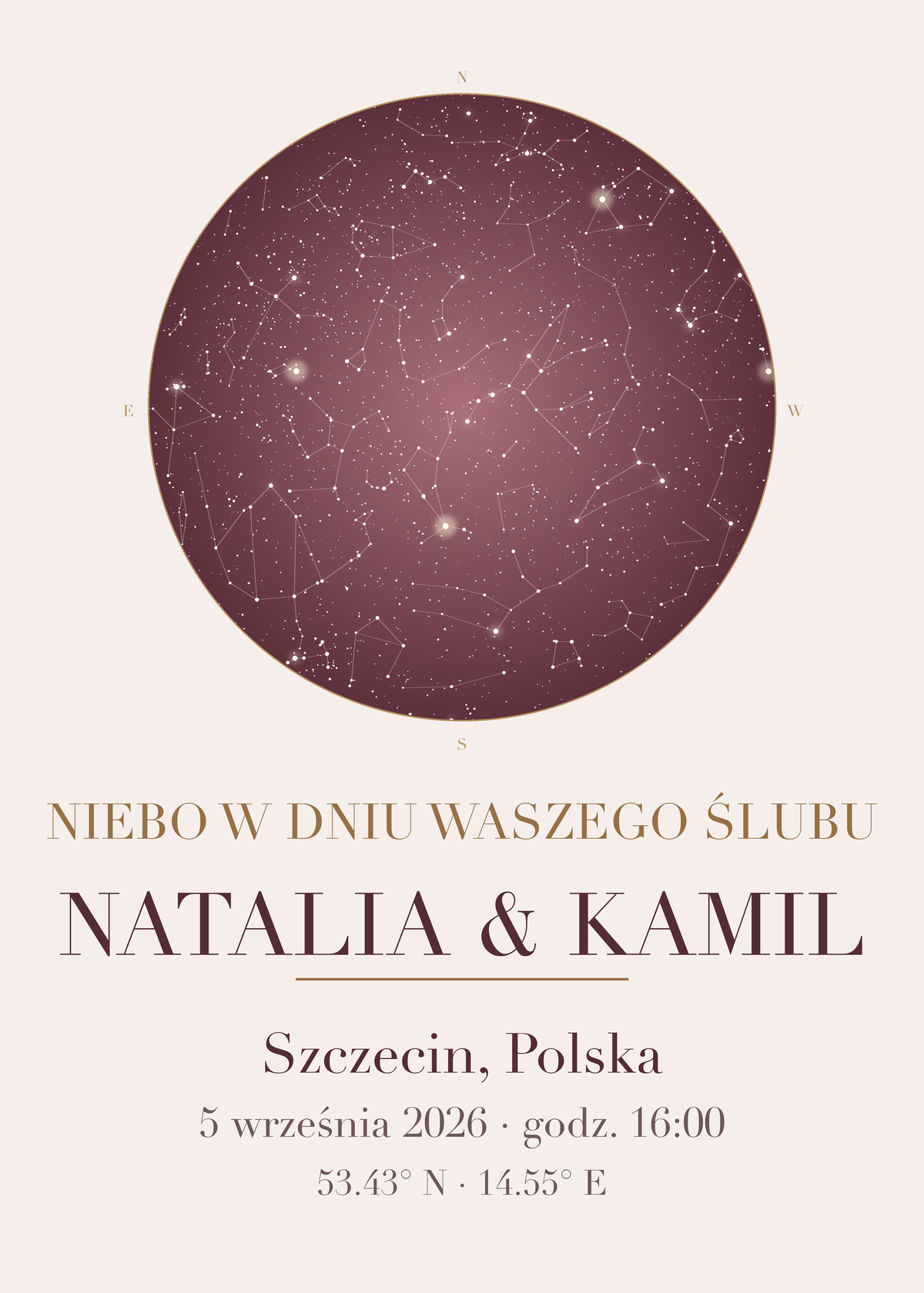 Mapa Nieba na prezent ślubny, przykład personalizacji z innymi imionami i datą – plakat na ścianę