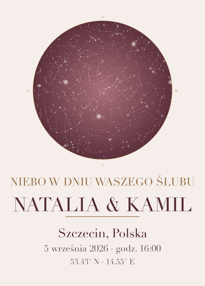 Mapa Nieba na prezent ślubny, przykład personalizacji z innymi imionami i datą